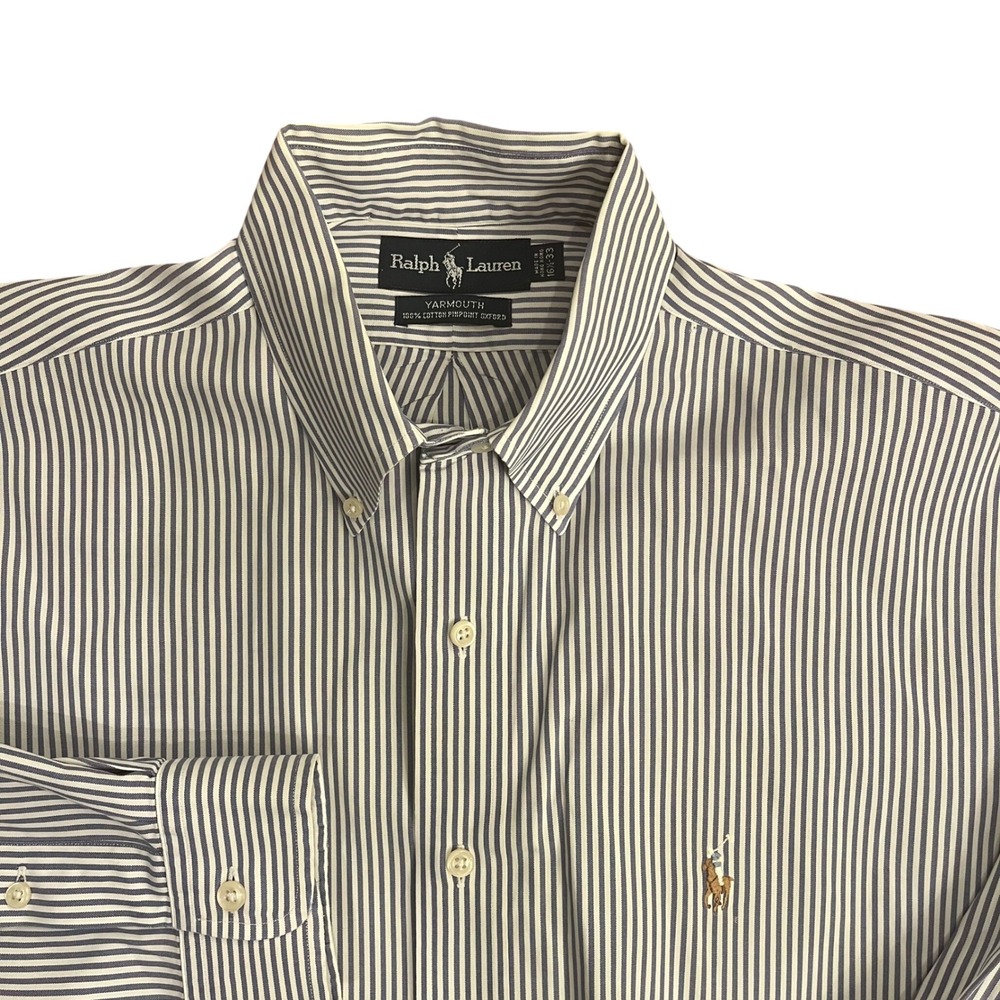 Ralph Lauren Yarmouth Button Down Men 16.5 33 L Blue White Striped Oxford Shirt